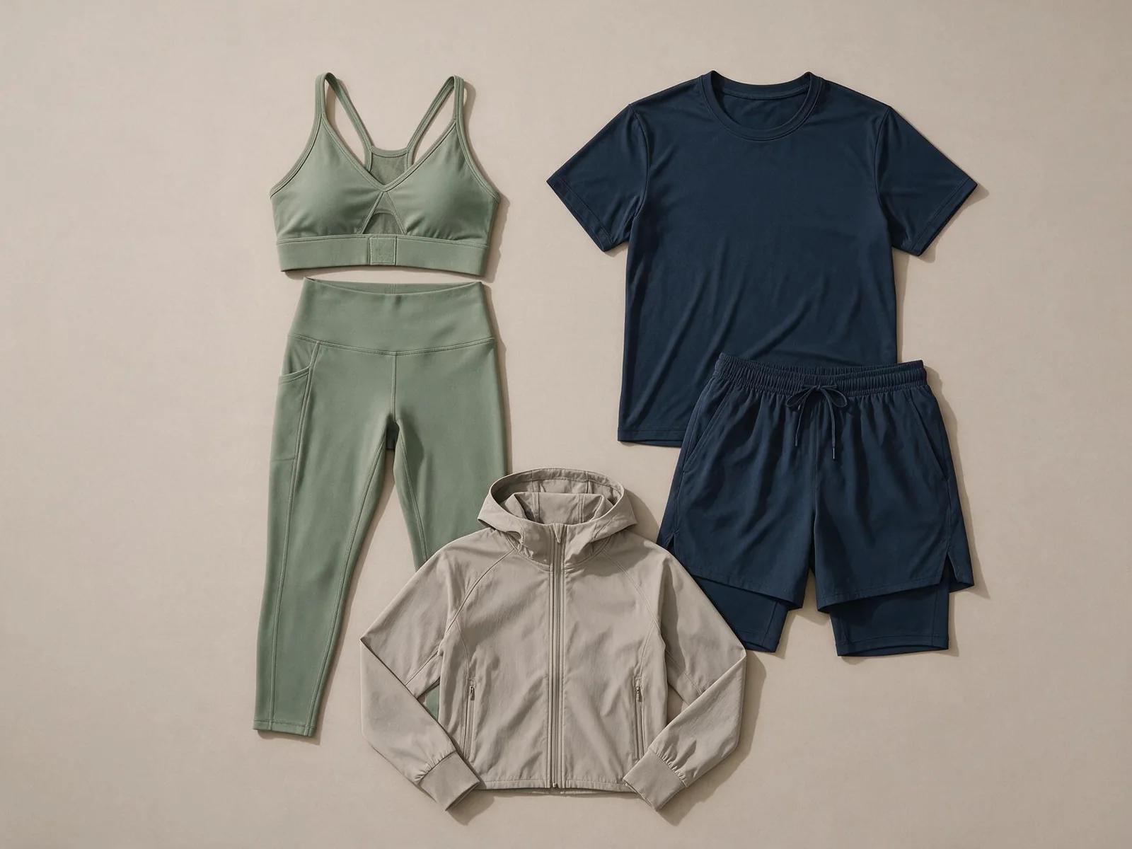 Concept de collection de vêtements de sport généré par IA, avec tenues de yoga vertes, vêtements d’entraînement bleu marine et veste à capuche claire
