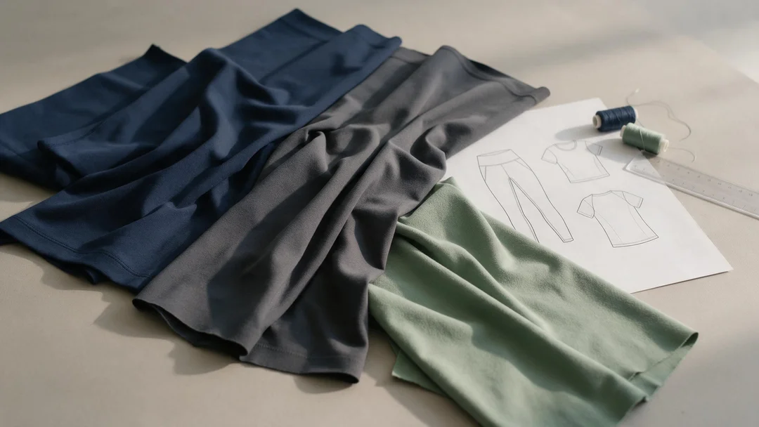 Conceptual activewear material board with navy, charcoal and sage knit swatches and garment sketches