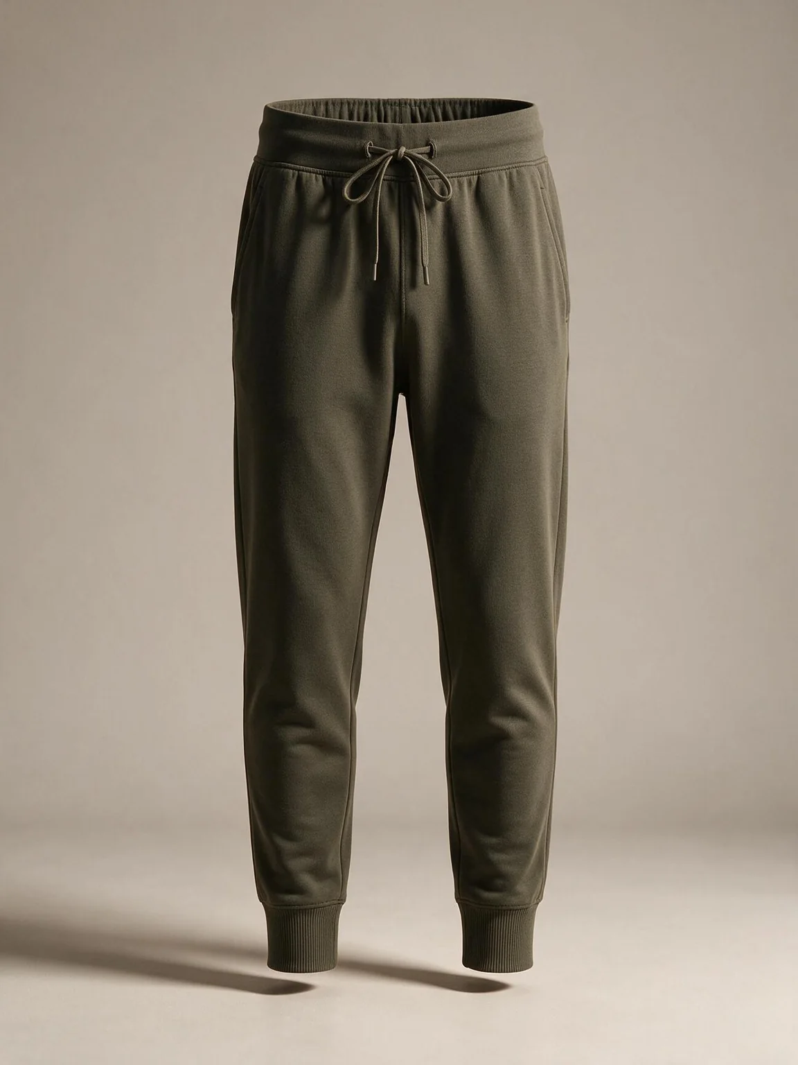 Vue de face générée par IA d’un pantalon de jogging gris olive foncé, à jambes fuselées et chevilles resserrées
