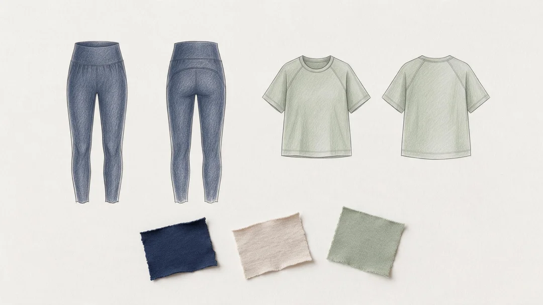 Conceptual front and back garment drawings of navy leggings and a sage training top