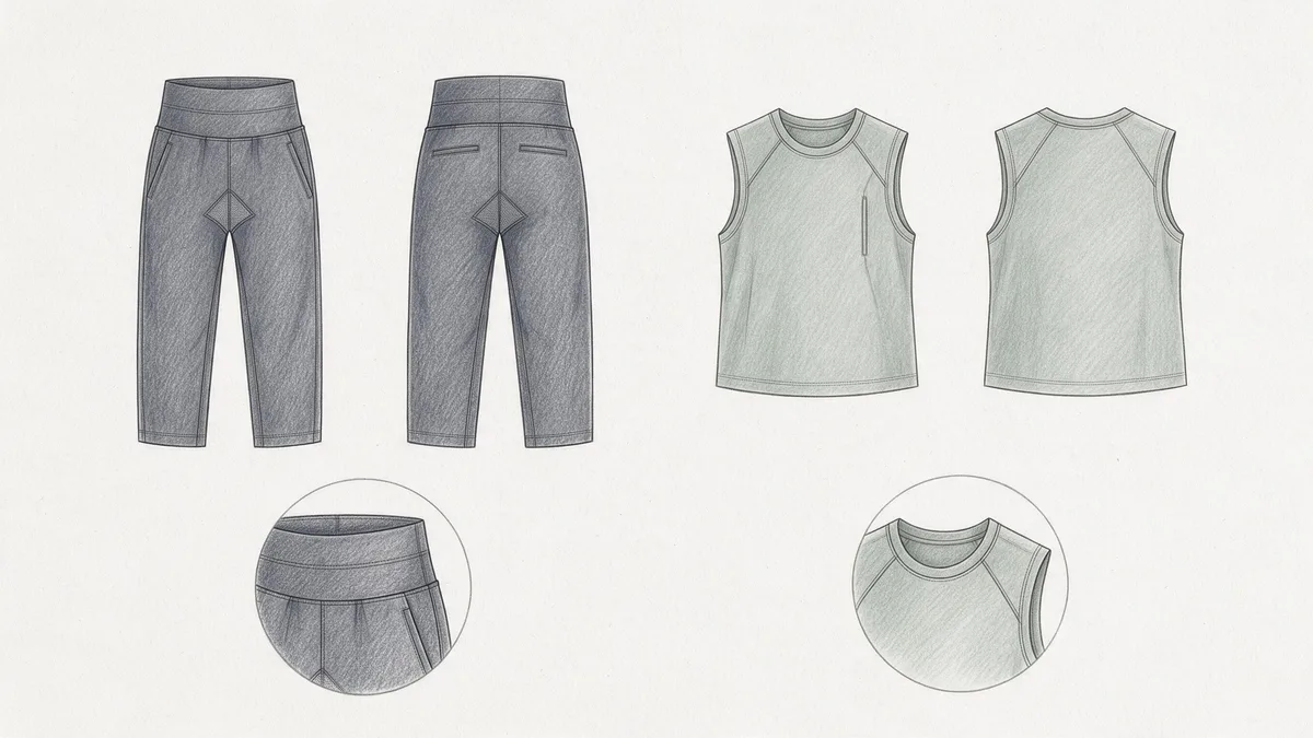 Front and back garment sketches showing leggings and a sleeveless training top
