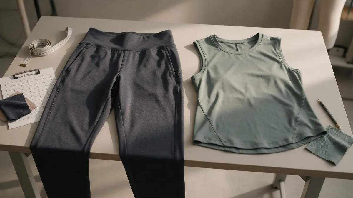 Charcoal leggings and a sage training top laid out with sample-review tools