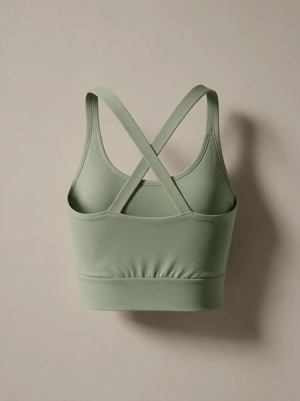 Vue de dos générée par IA d’une brassière longue vert sauge à bretelles croisées