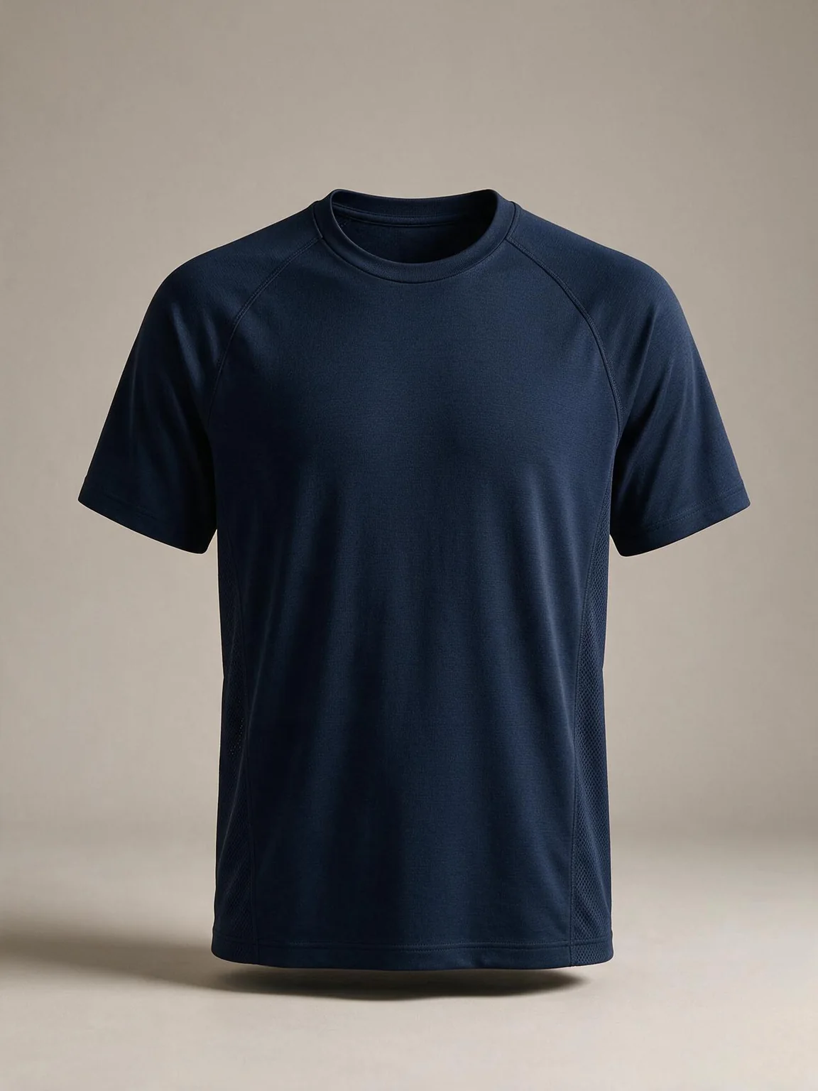 Vue de face générée par IA d’un t-shirt d’entraînement bleu marine à col rond et manches raglan