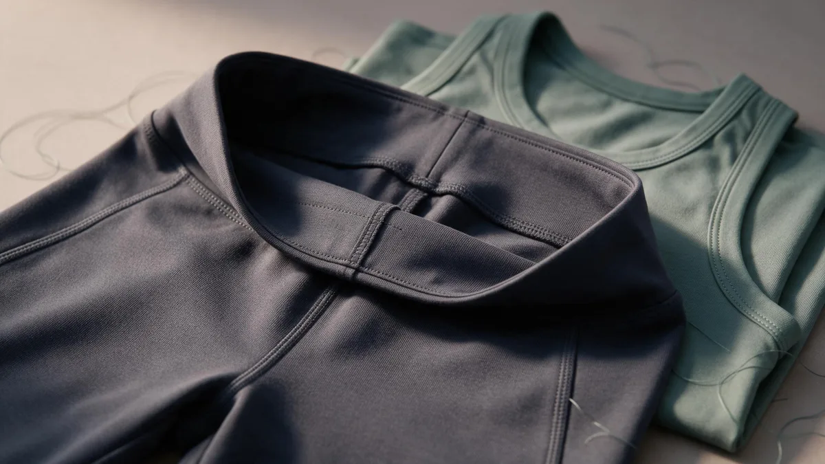 Inside waistband joins on charcoal leggings beside the seams of a sage training top