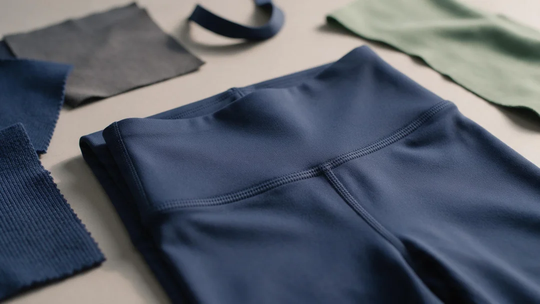Conceptual close-up of a navy leggings waistband, stitched seams and matching fabric swatches