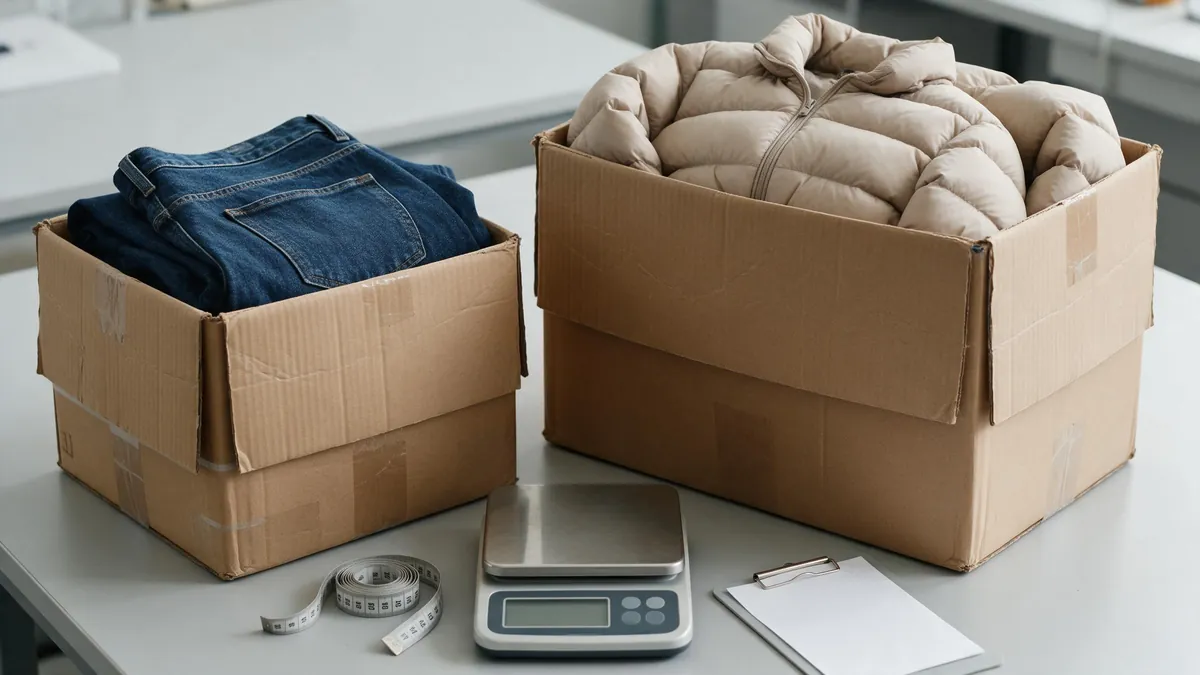 Jeans und eine wattierte Jacke in unterschiedlich großen Kartons neben einer Versandwaage