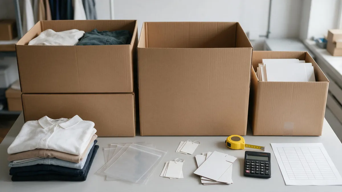Verschiedene Kartongrößen und Verpackungsmaterialien für einen Verpackungstest mit Bekleidung