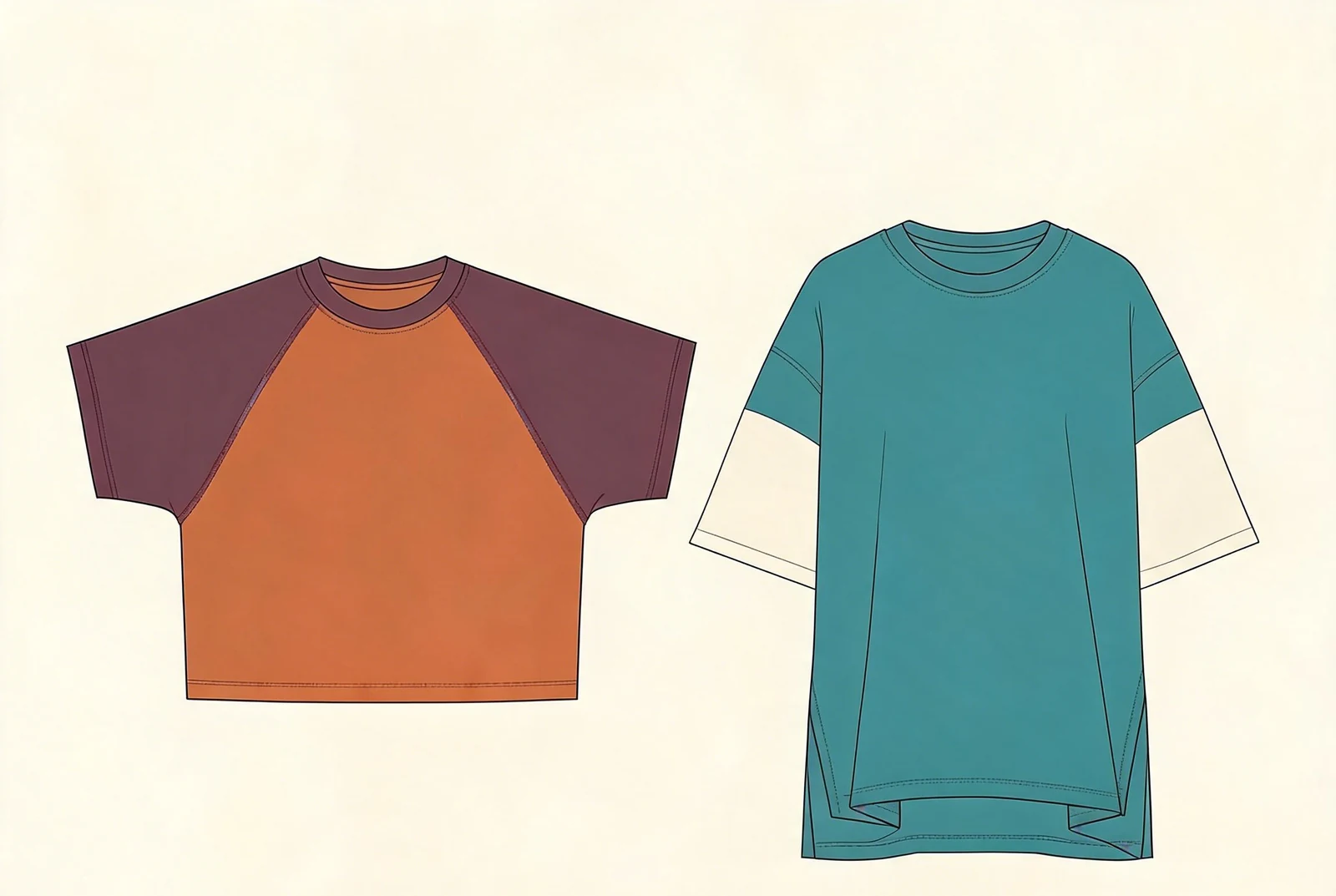 Coloured front drawings of a short copper T-shirt with raglan sleeves and a longer teal T-shirt with cream sleeve panels.