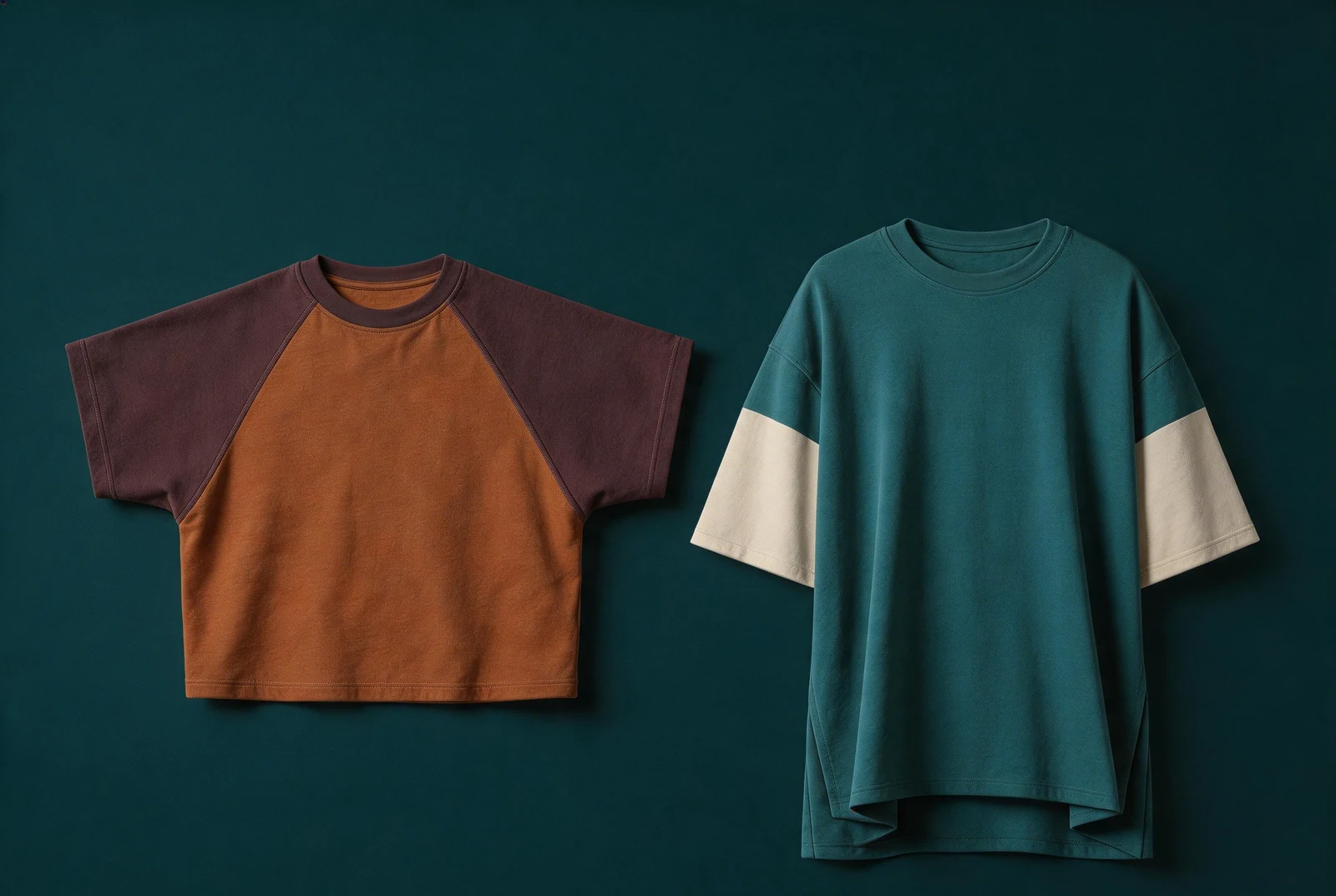 A short copper T-shirt with plum raglan sleeves beside a longer teal T-shirt with cream sleeve panels and a stepped hem.