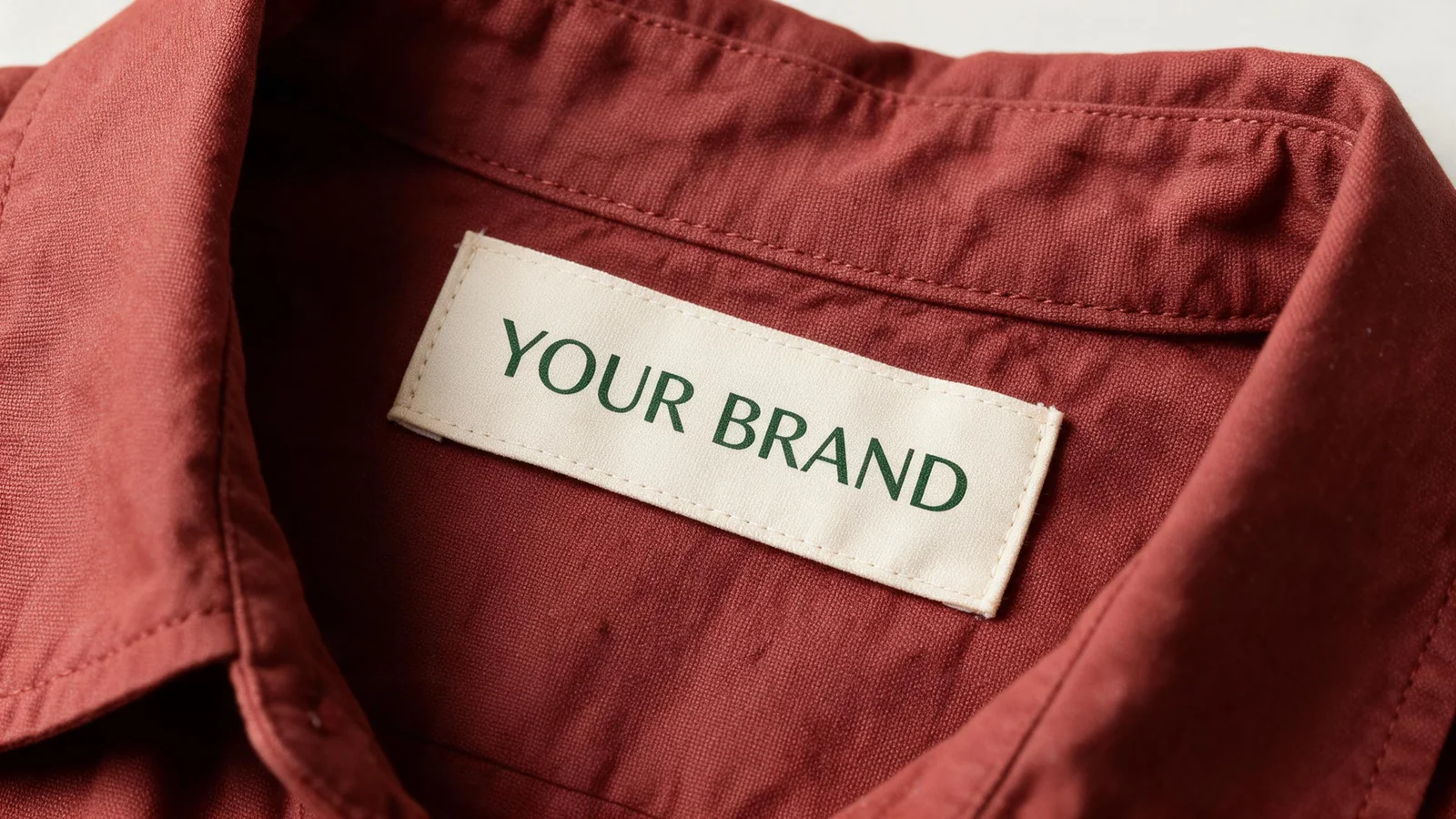Dark green YOUR BRAND lettering on an ivory label inside an adult garment neckline.