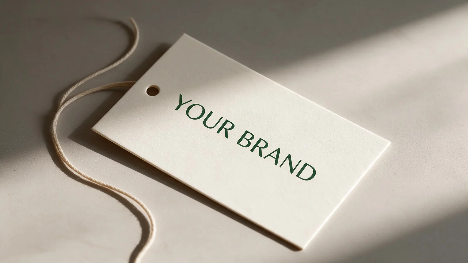 YOUR BRAND lettering on an ivory rectangular hangtag beside a separate cord.
