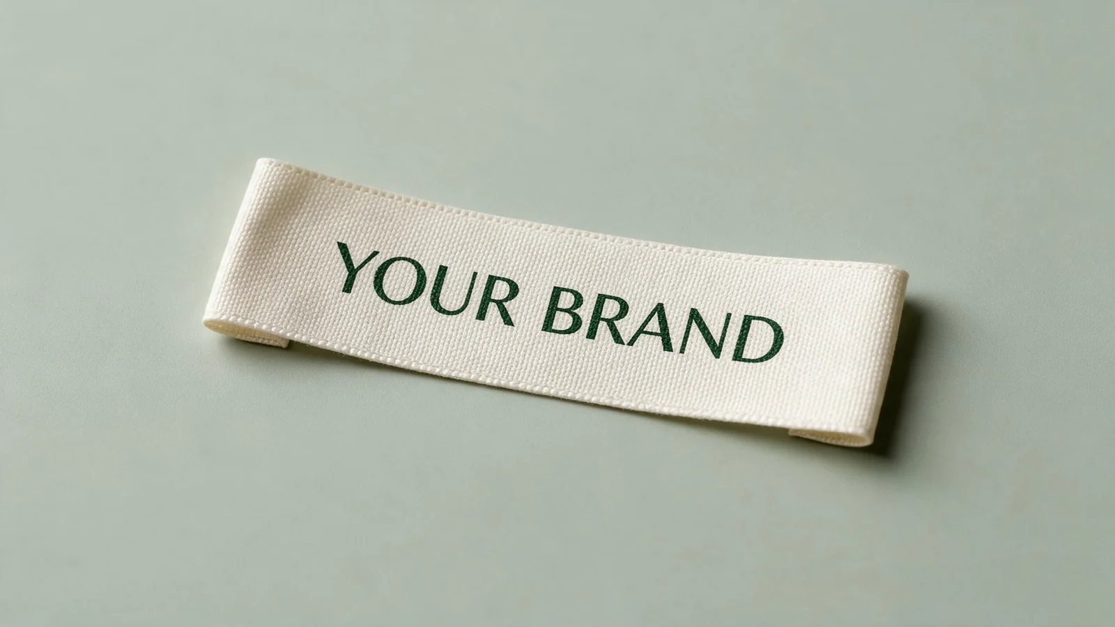 Ivory narrow label carrying dark green YOUR BRAND lettering, with folded ends.