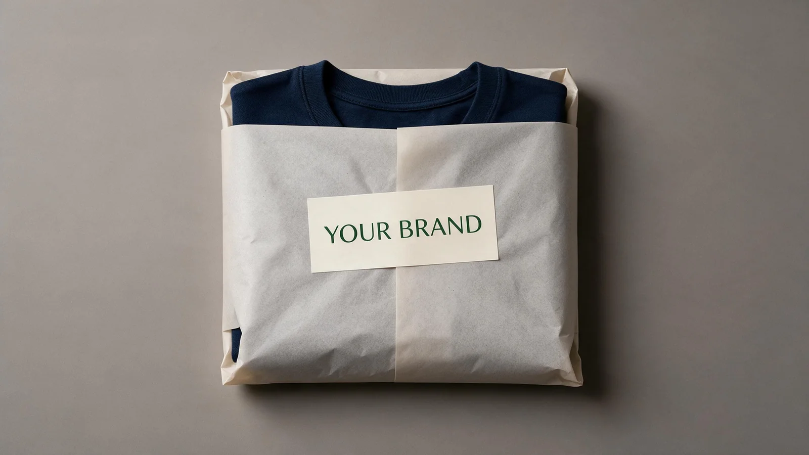 Ivory YOUR BRAND sticker on plain paper wrapping around a folded adult garment.