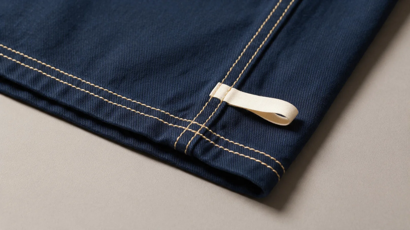 Close-up of an indigo garment hem with a small blank folded label beside contrasting stitching.