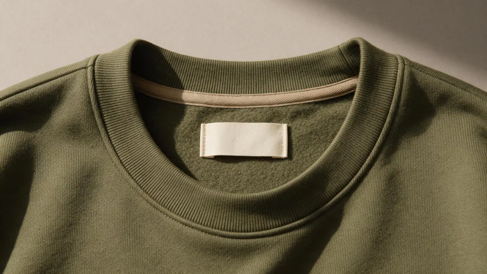 Close-up of an olive-green crewneck inner neckline with a blank cream label.