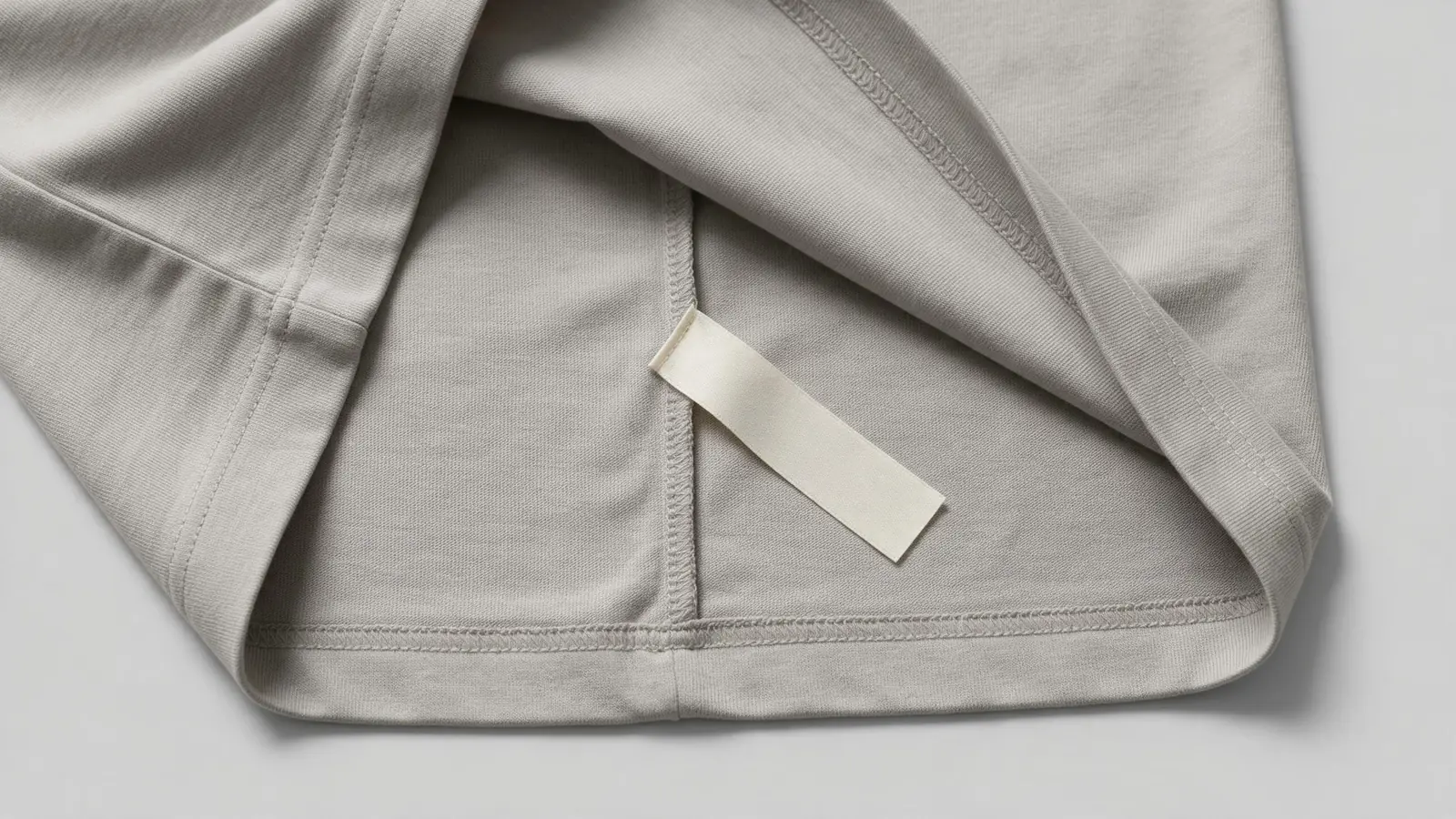 Close-up of a pale grey garment inside side seam with a blank cream label.