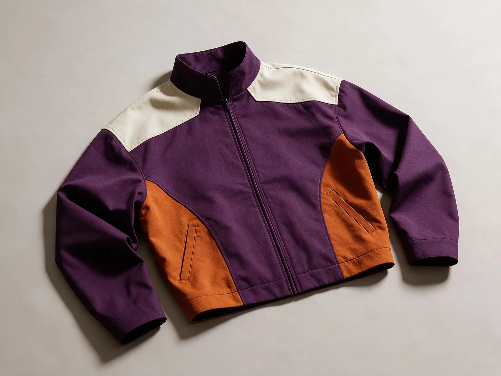 Aubergine zip-front jacket with a stand collar, cream shoulder panels and curved orange side panels, laid at an angle.