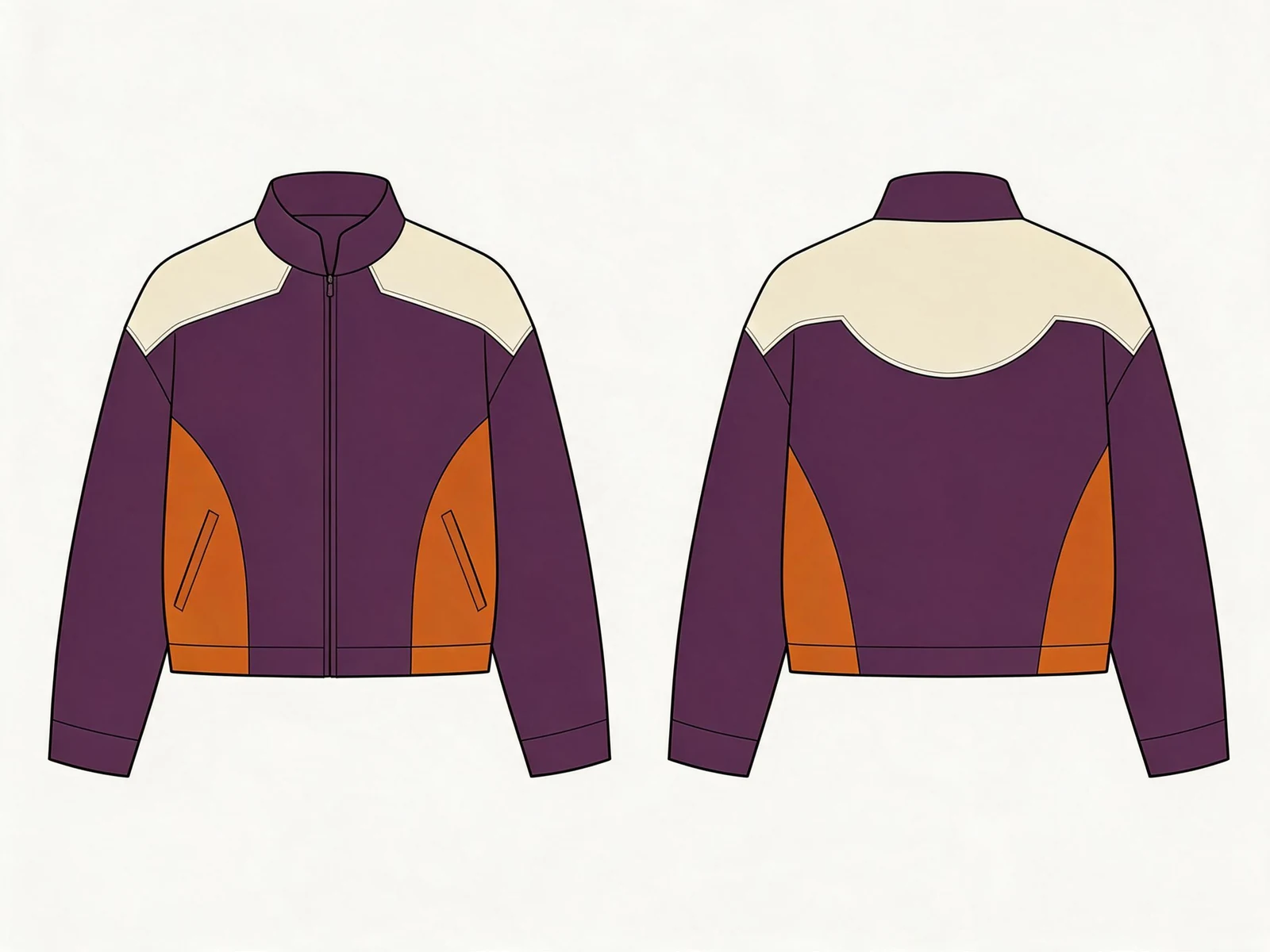 Front and back drawings of an aubergine stand-collar jacket with cream shoulder panels and curved orange side panels.