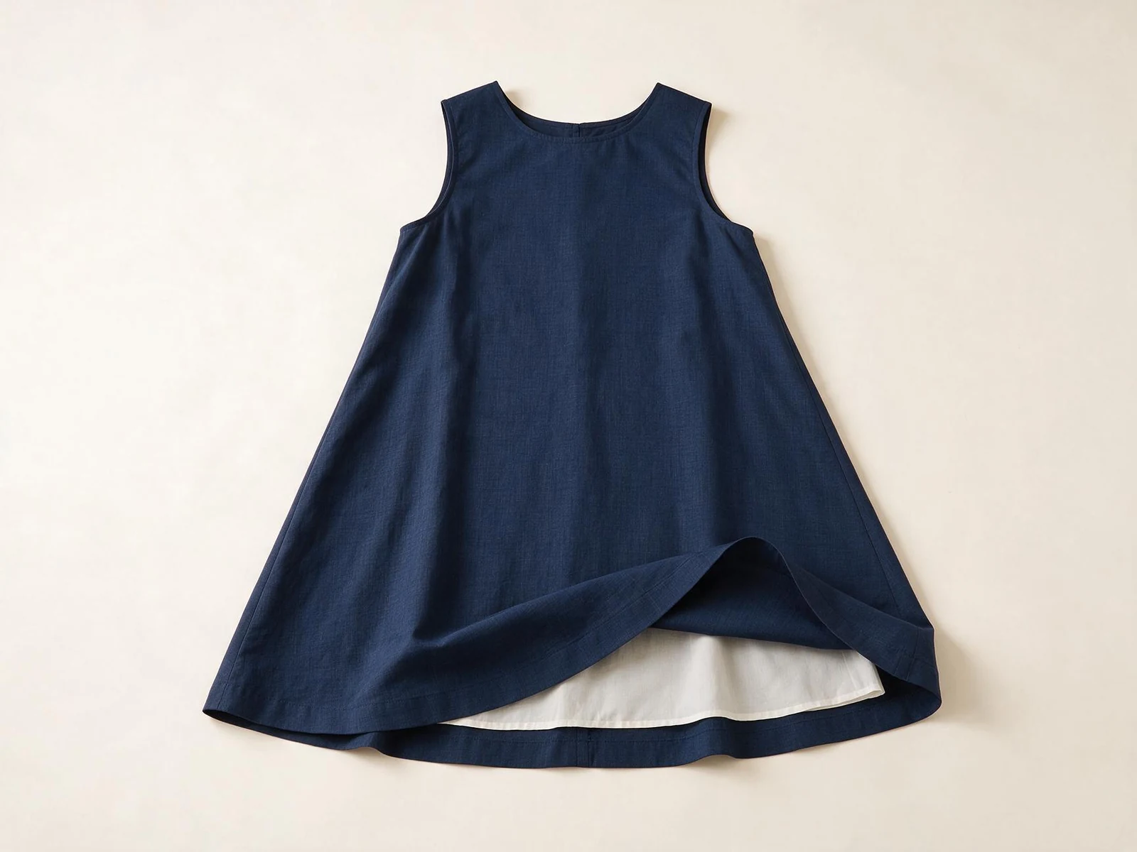 A navy sleeveless A-line dress with part of the hem turned to reveal pale lining.