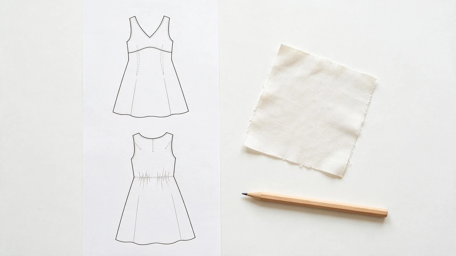 Sleeveless dress sketches on paper beside a fabric swatch and pencil.