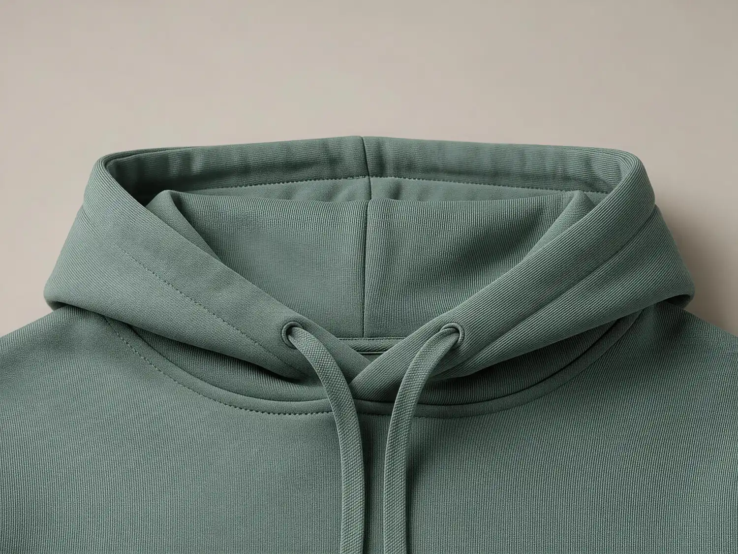 A grey-green hoodie neckline with two eyelets and flat drawcords.