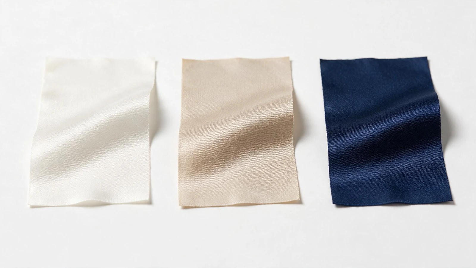 Separate ivory, sand and navy woven fabric swatches.