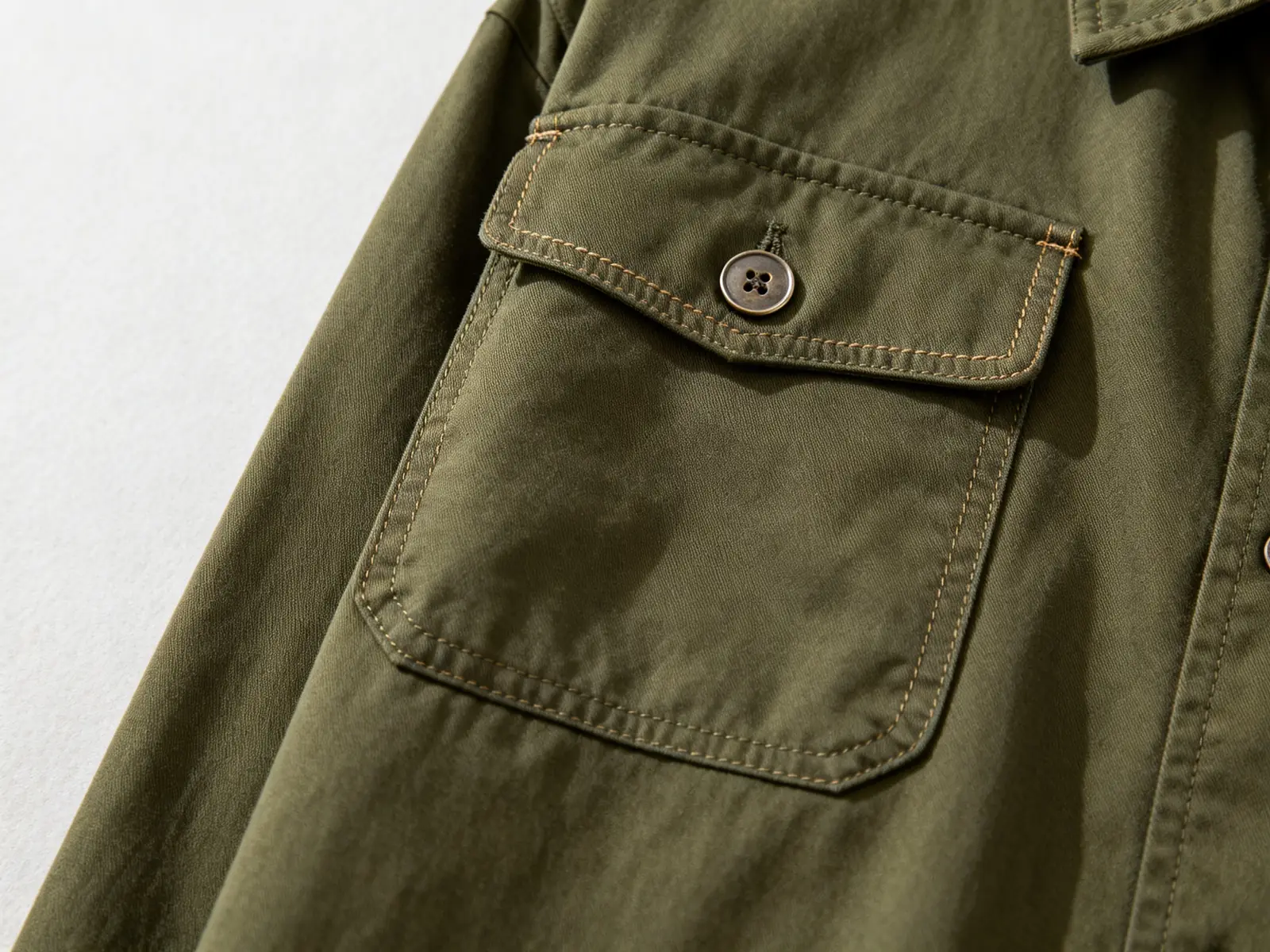 Olive jacket patch pocket with a buttoned flap and visible stitching.