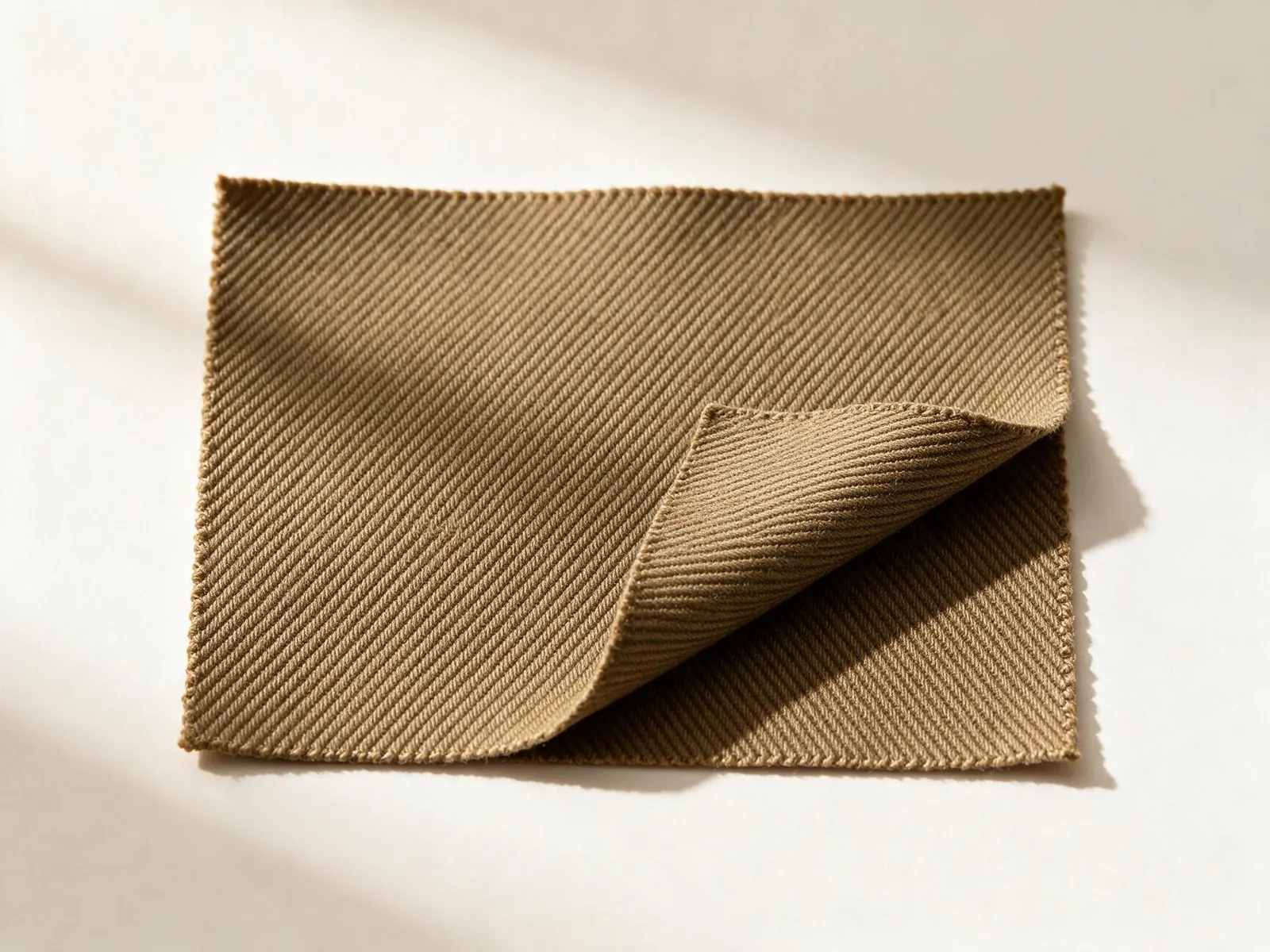 A khaki twill swatch with one corner folded.