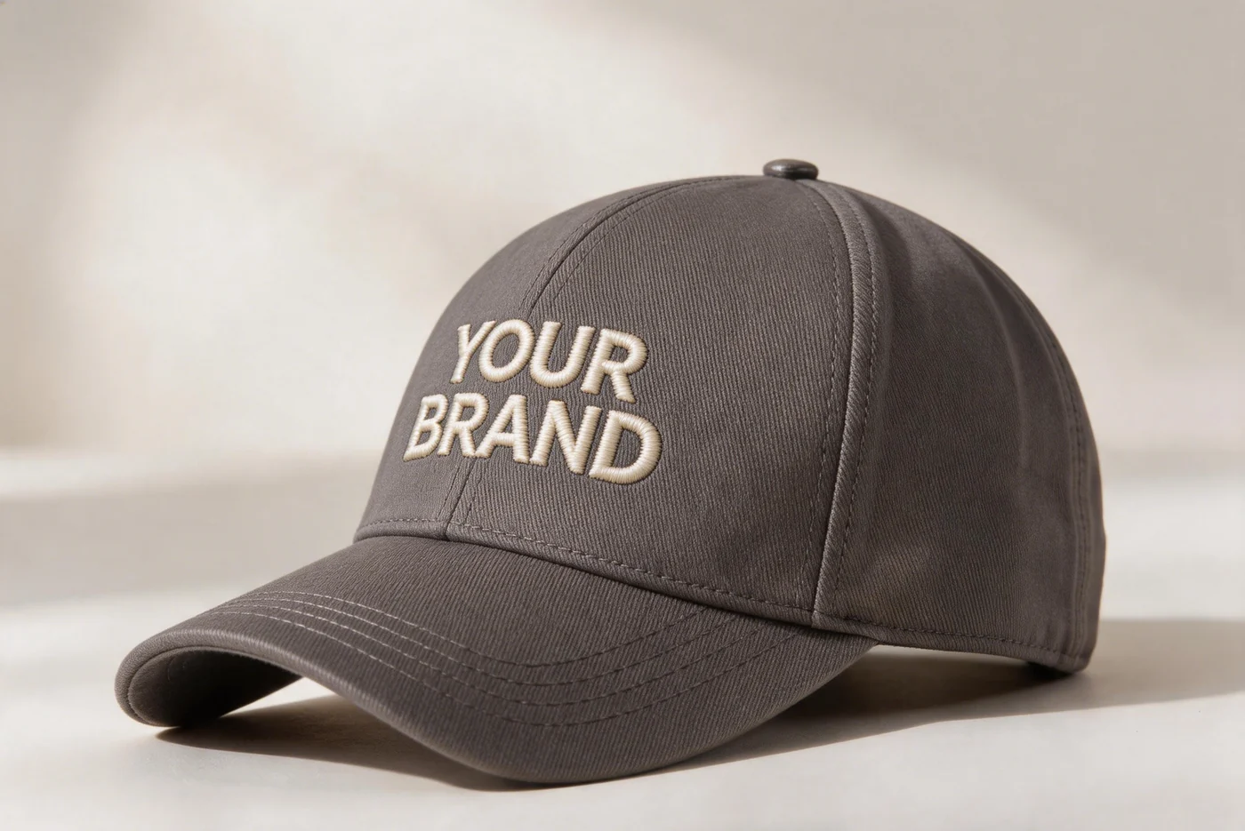 Charcoal baseball cap with a two-line YOUR BRAND wordmark on the front panel.