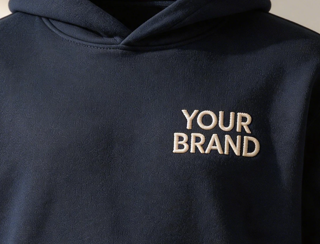 Detail of navy hoodie with a two-line YOUR BRAND wordmark on the chest.