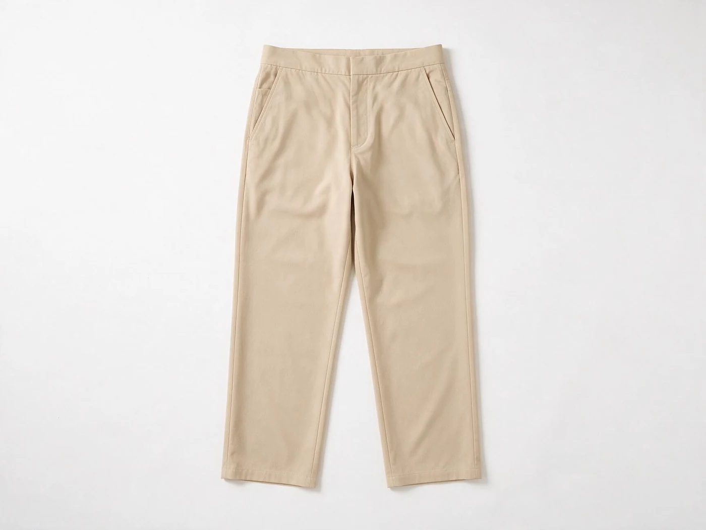 Beige straight-leg trousers laid flat with slanted front pockets.