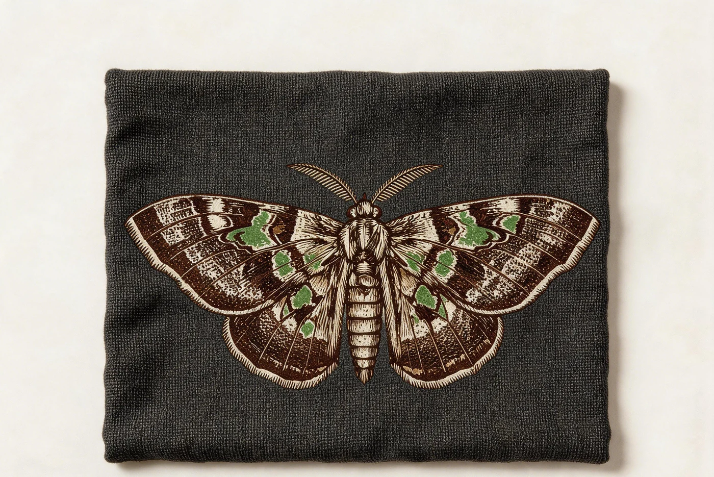 Close view of a moth motif on dark fabric.