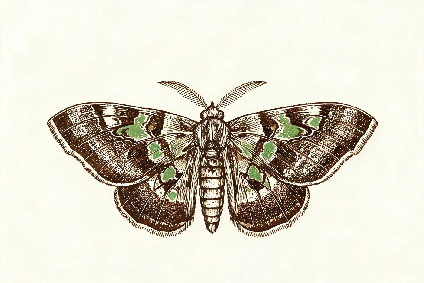Spread-wing moth illustration with layered markings across the wings.