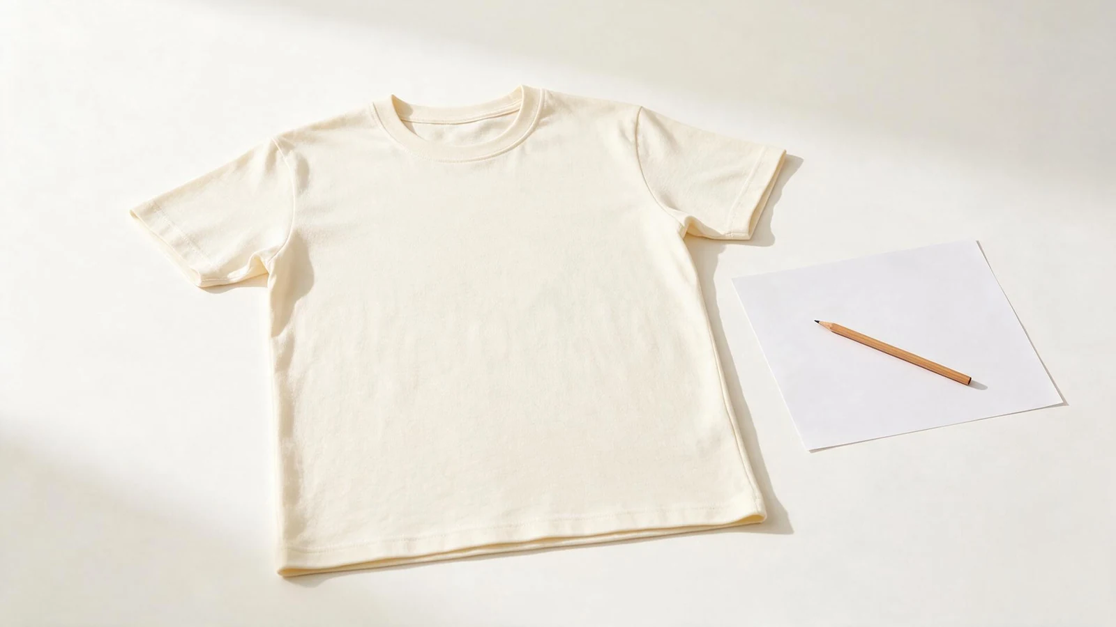 A cream T-shirt laid flat beside a blank sheet and pencil.