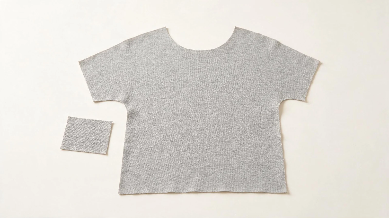 A grey garment-shaped jersey piece with sleeve shapes beside a small swatch.