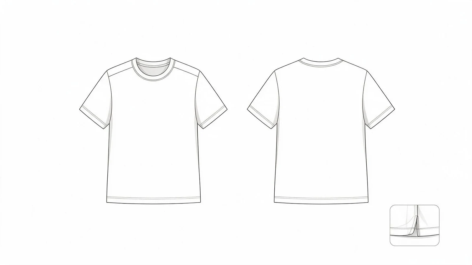Front and back T-shirt drawings with a seam-detail inset.