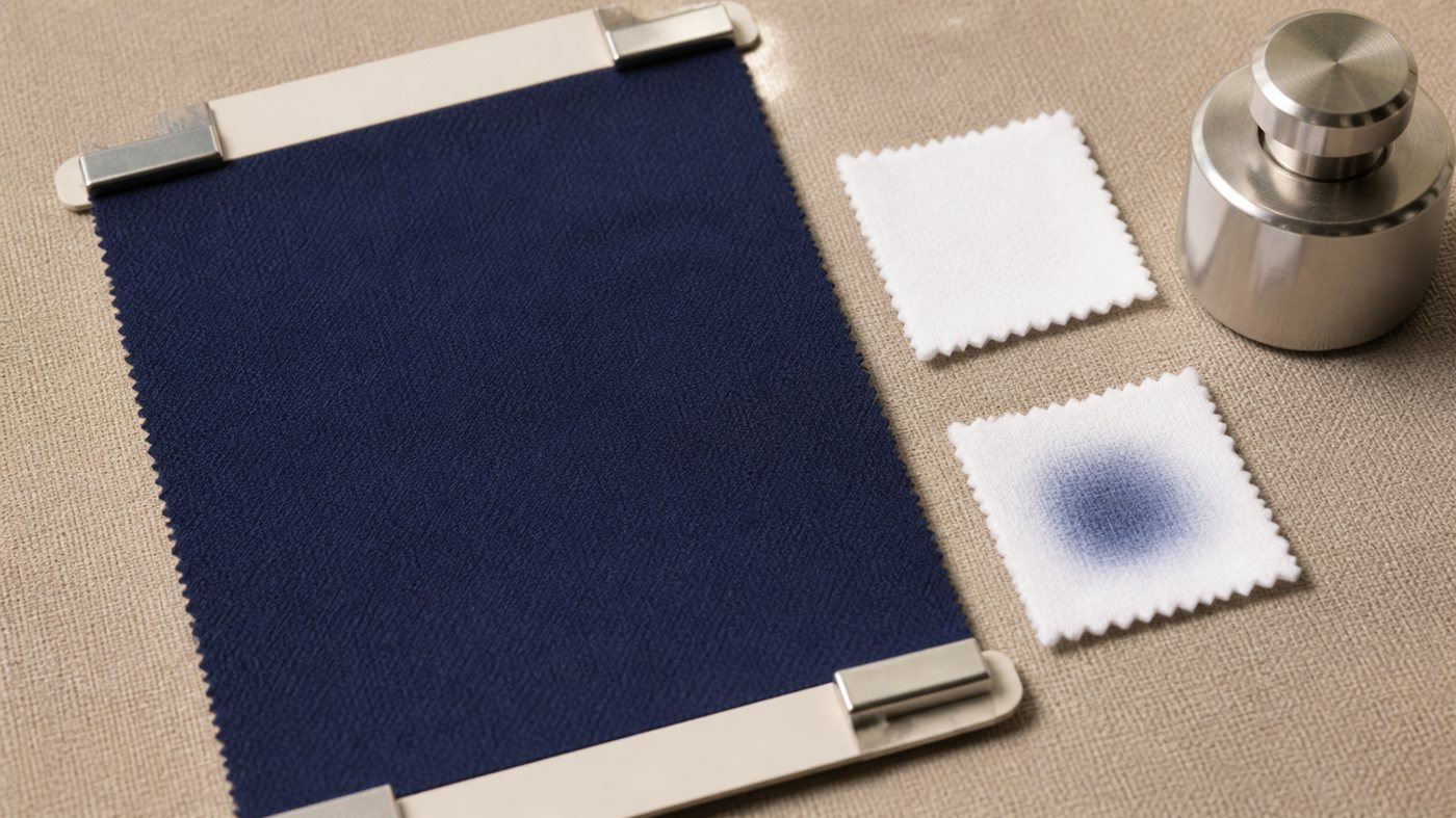 Navy fabric with white rubbing cloths used to compare dry and wet crocking transfer