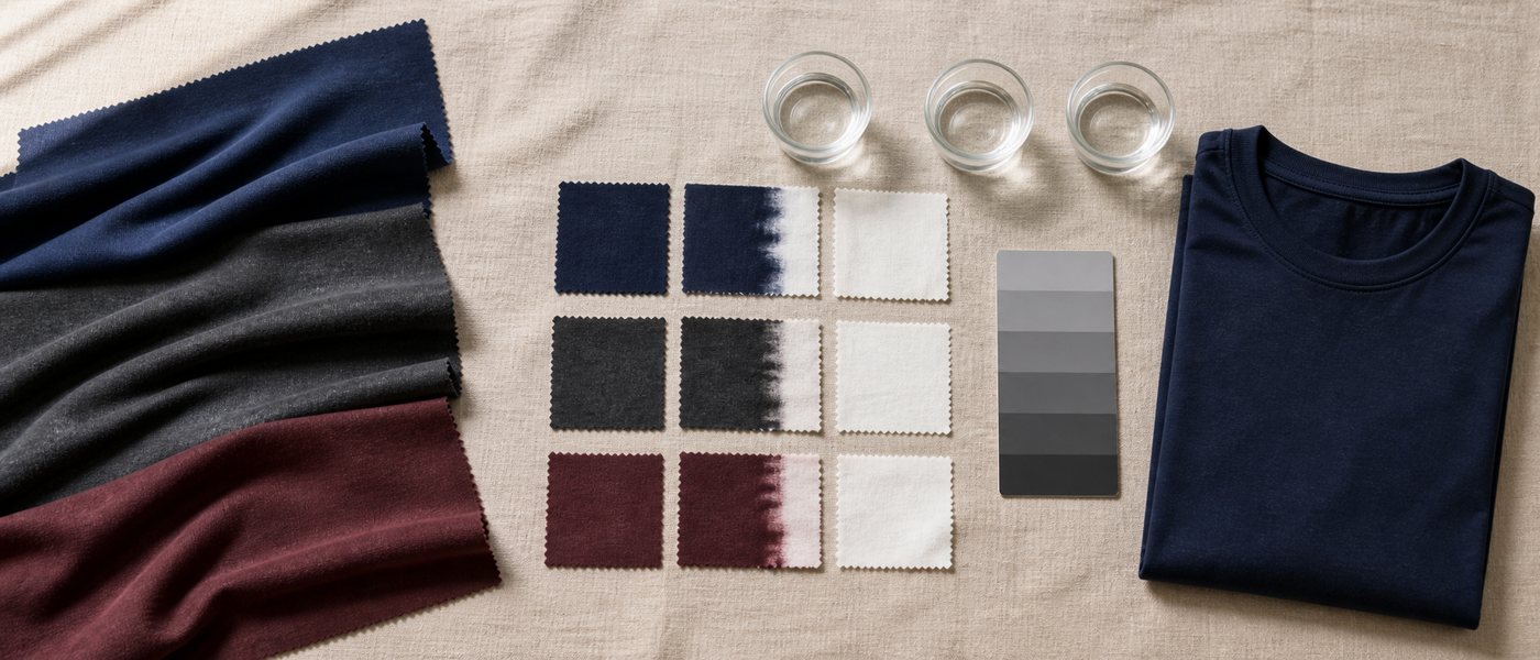 Colorfastness test layout with dark fabric swatches, white comparison cloth and folded navy t-shirt