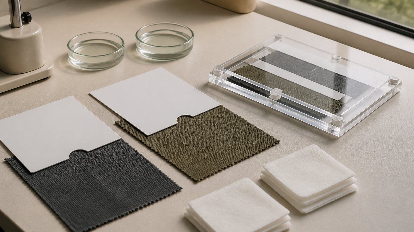 Charcoal and olive fabric specimens arranged for controlled light and perspiration testing