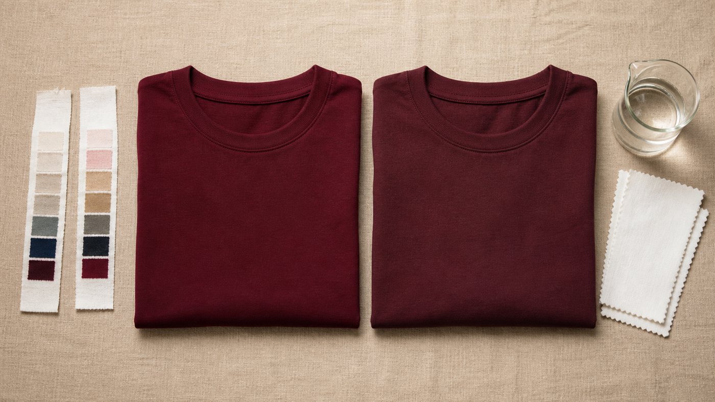 Burgundy cotton garments and white test cloth prepared for a wash colorfastness comparison