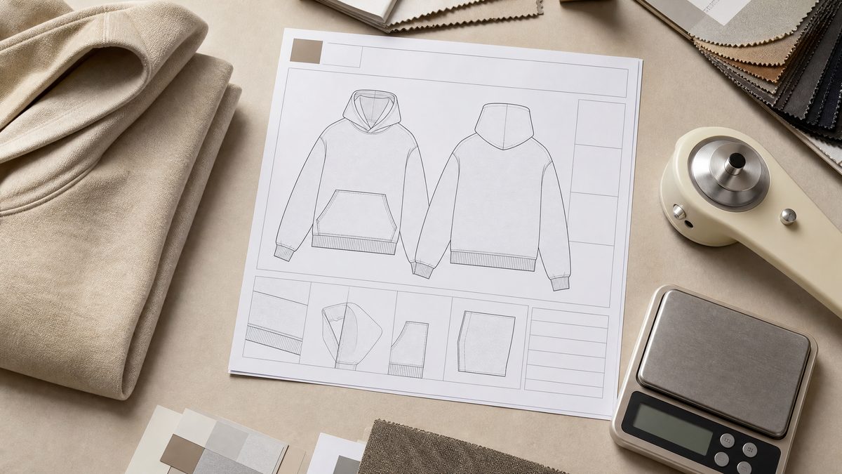 Tech pack document with fabric specification details for a custom hoodie
