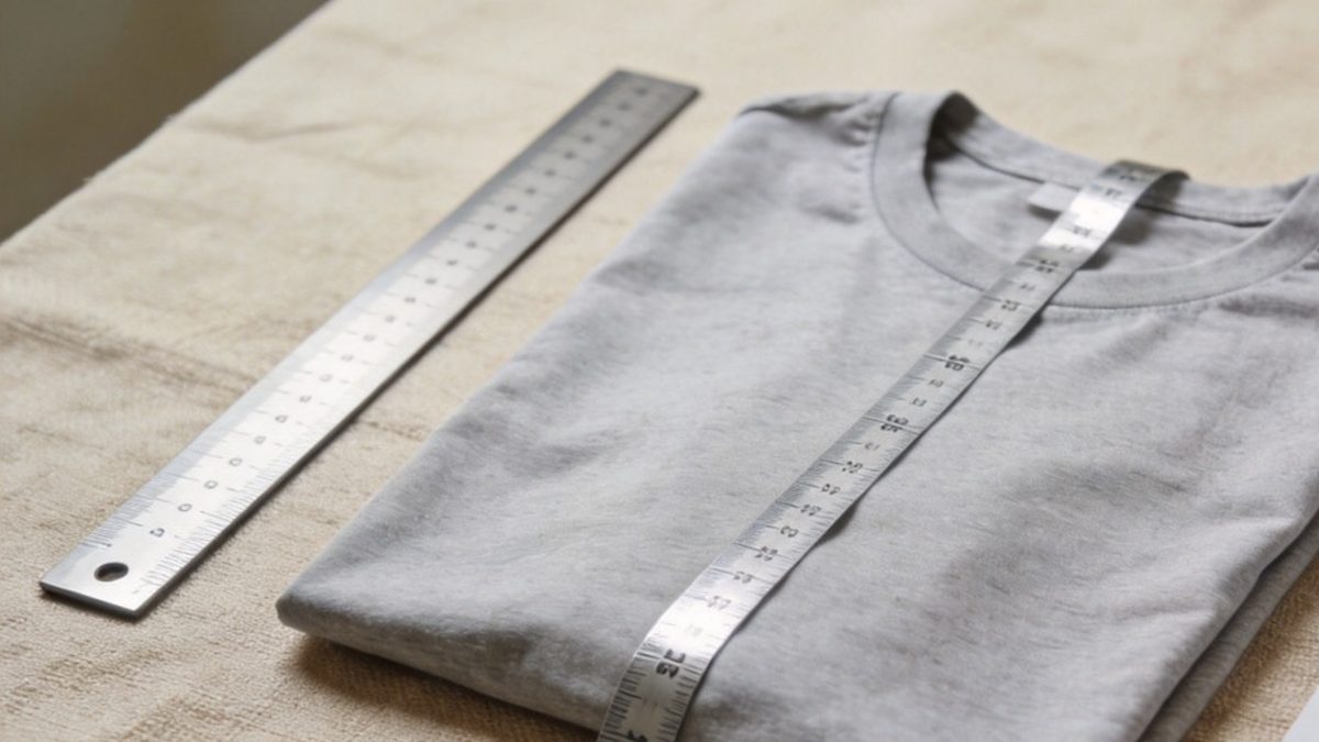 Grey t-shirt sample with measuring tape and a blank size chart document
