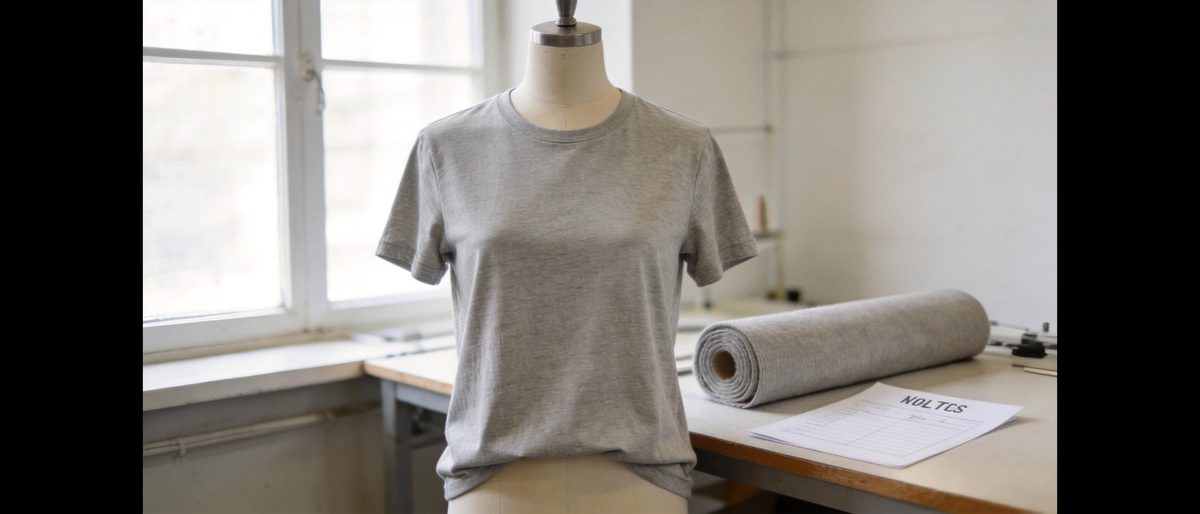 Flat lay of a grey t-shirt sample with a tech pack, fabric swatches and measuring tape