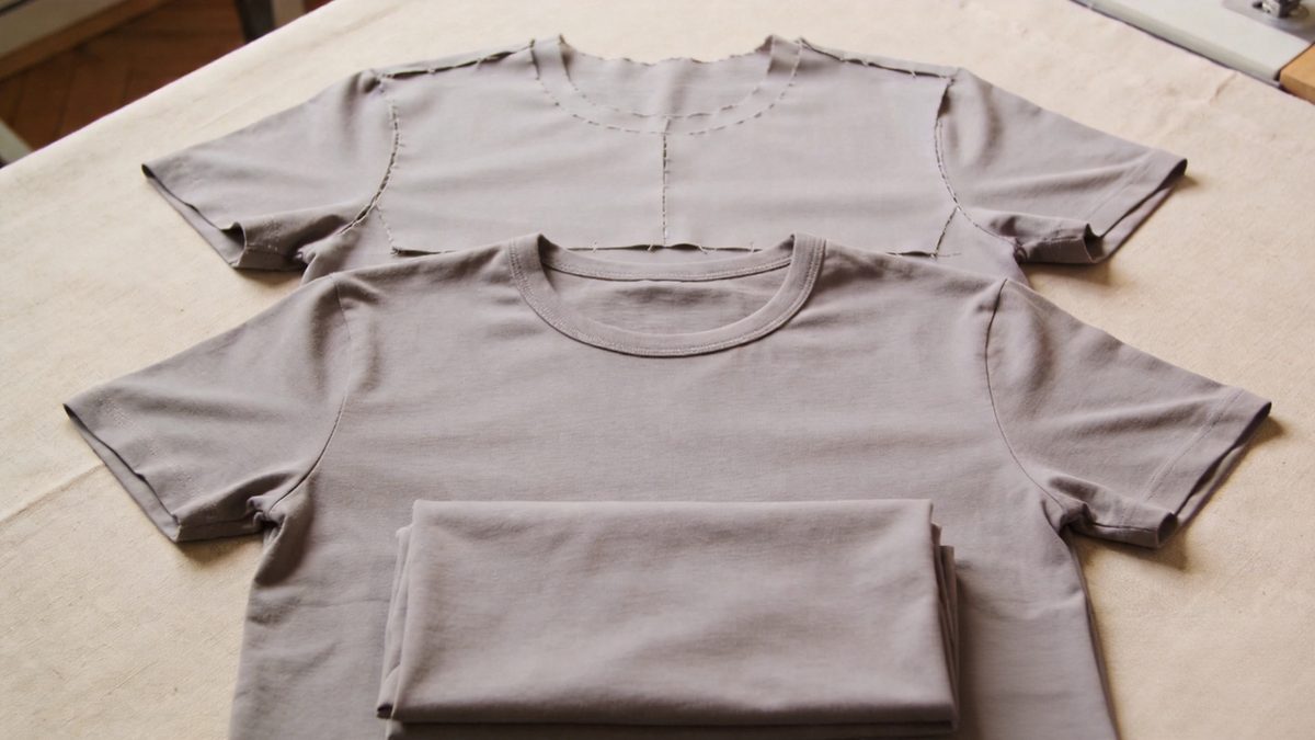 Three stages of a t-shirt sample arranged to show development from unfinished to finished