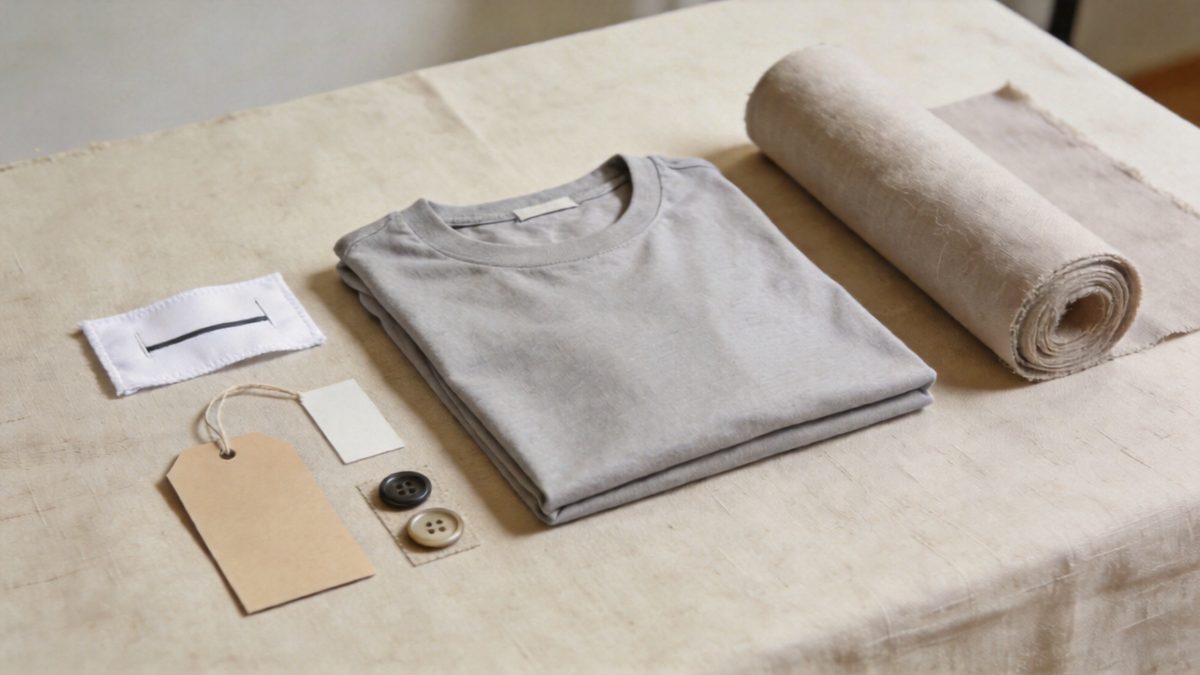 Folded pre-production t-shirt beside fabric roll, woven label, hang tag and button samples