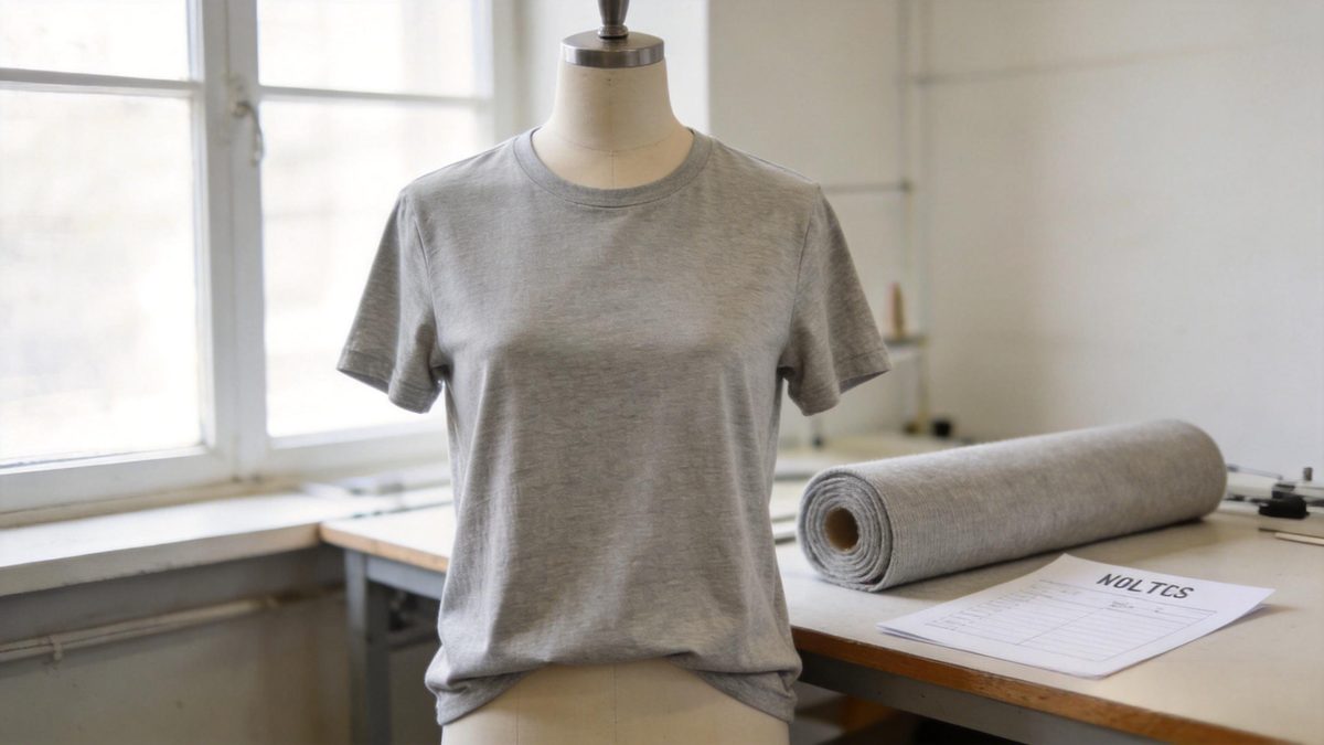 First proto t-shirt sample displayed on a dress form beside a fabric roll