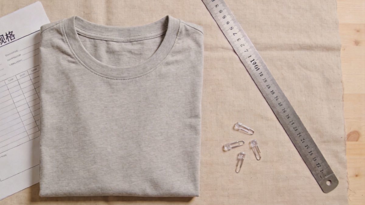 Sample inspection table with a t-shirt, ruler, color swatches and check sheet