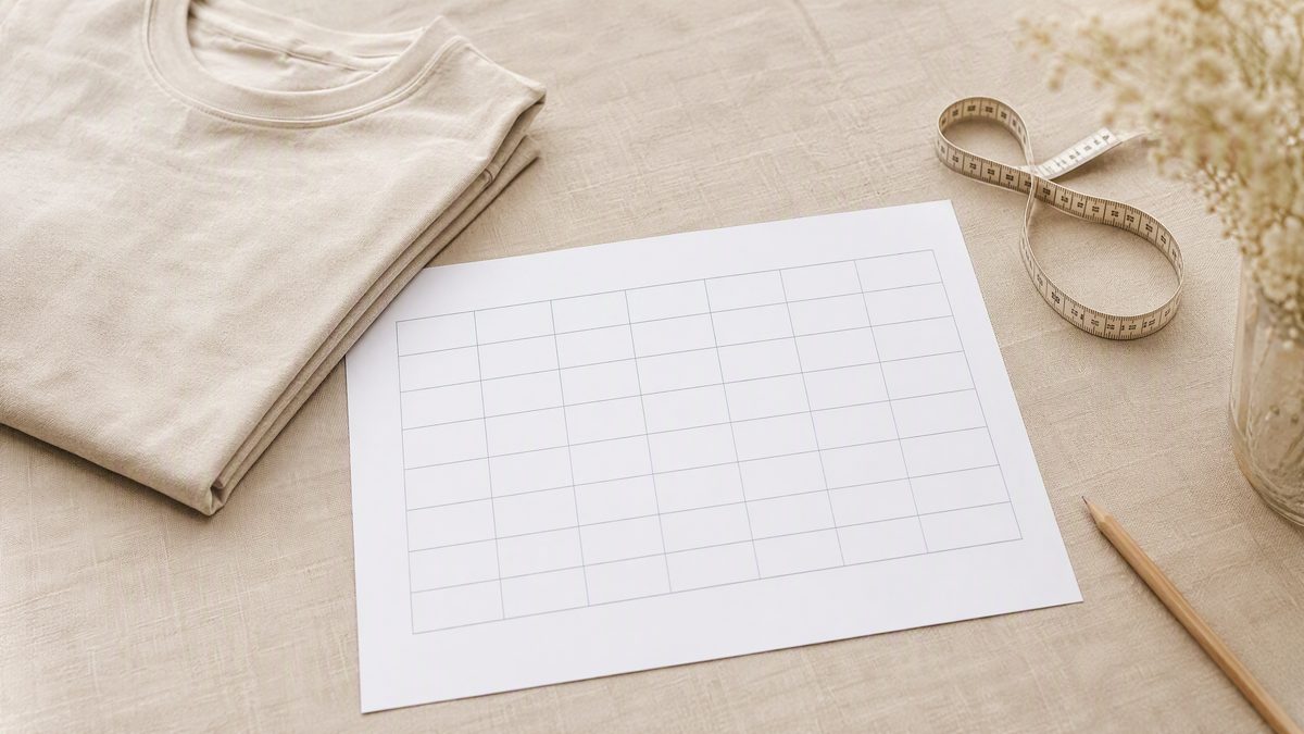 Blank size chart document beside a folded t-shirt sample, tape measure and pencil