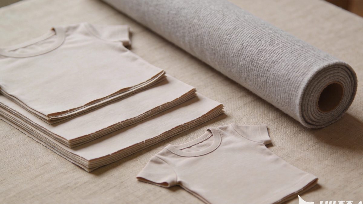 Stacked cut fabric pieces for multiple sizes beside a roll of knitted fabric